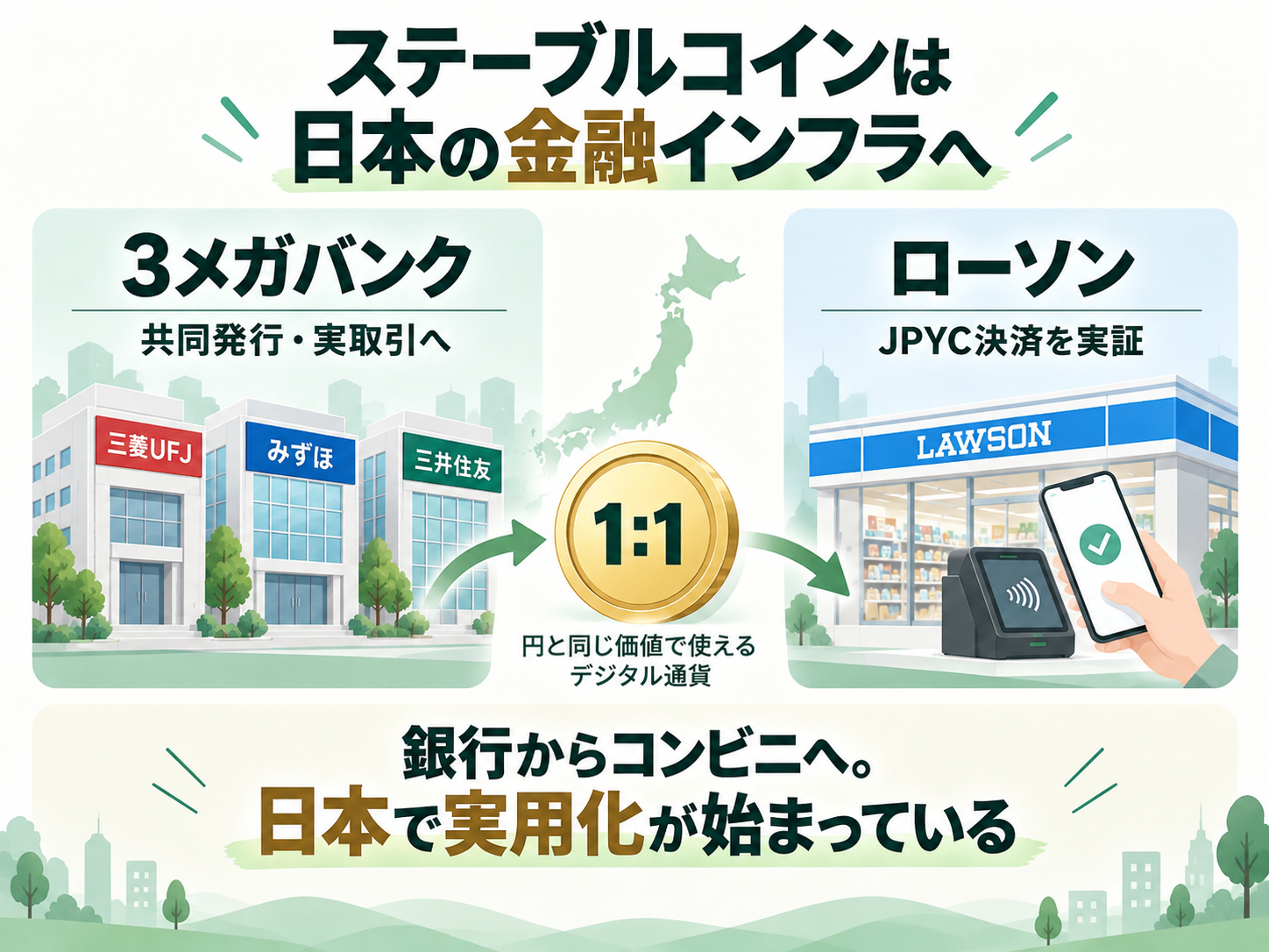 ステーブルコインが銀行や実店舗へ広がるイメージ