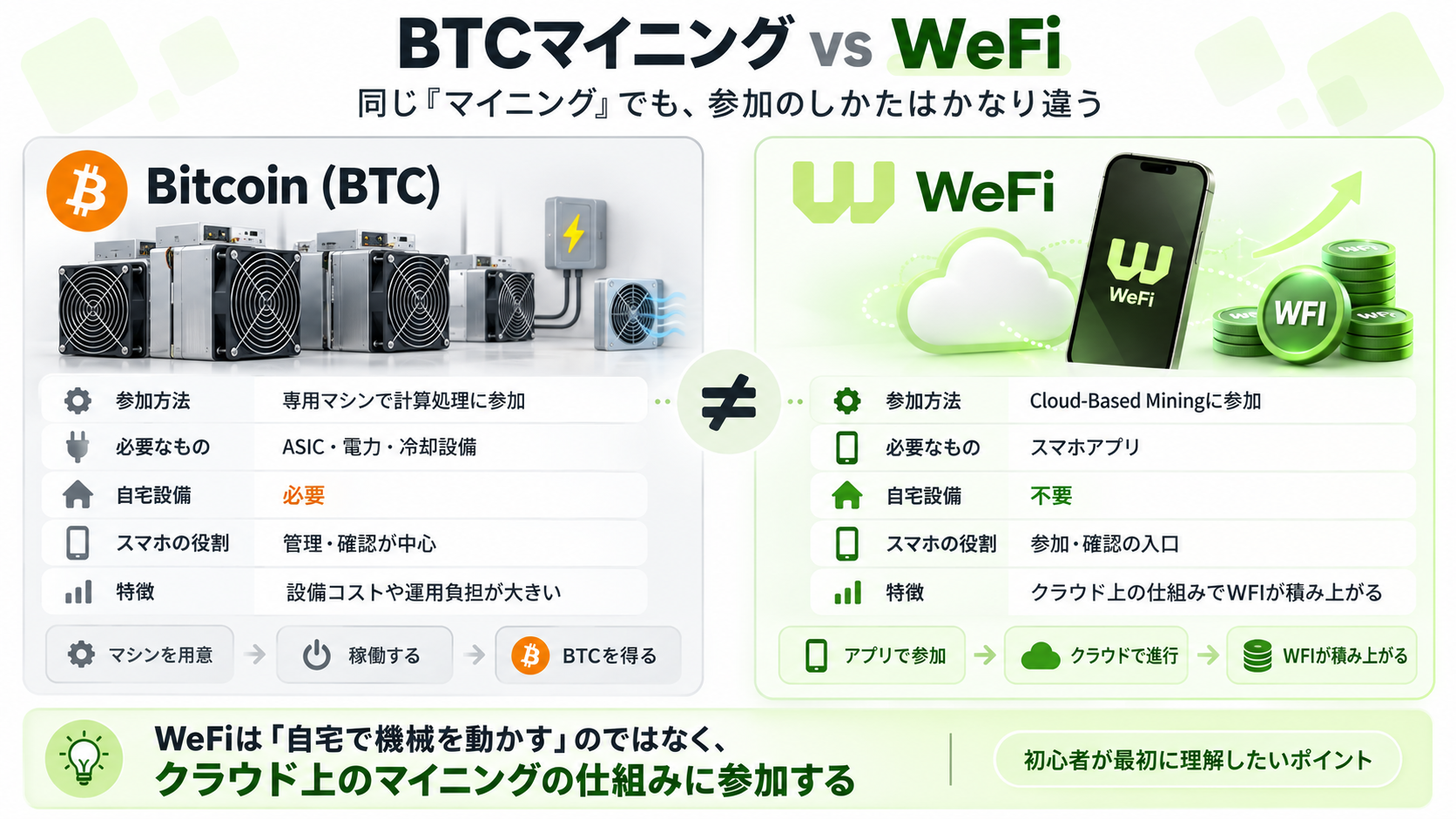 ビットコインのマイニングとWeFiのクラウドベースマイニングの違い