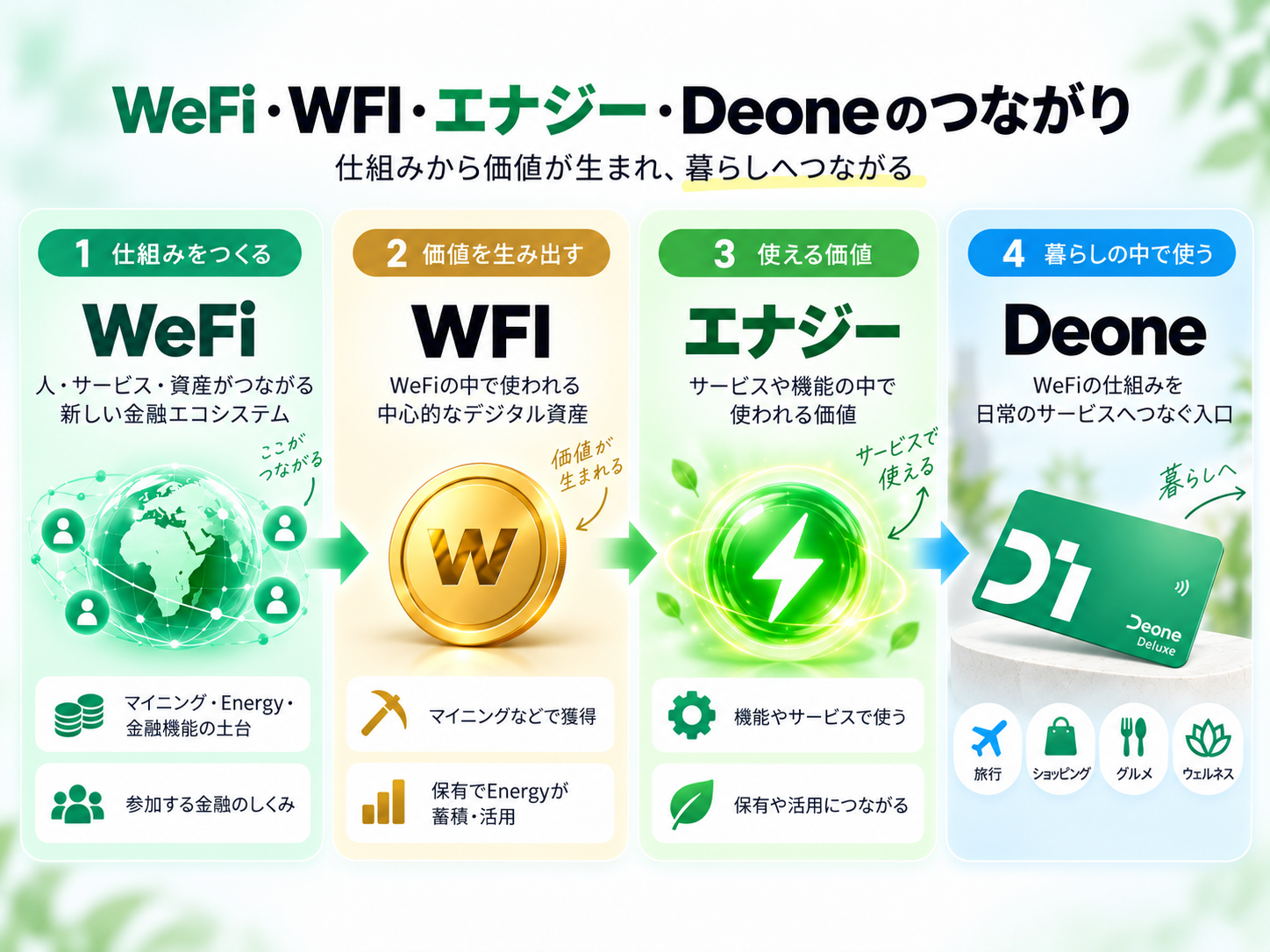 WeFi、WFI、エナジー、Deoneの4つのつながりを示す図
